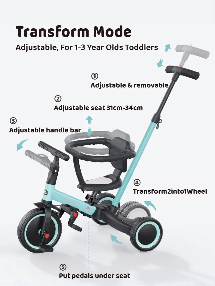 Newyoo TR008 5 - in - 1 Toddler Tricycle with Push Handle, Converts to Balance Bike for 1 - 3 Year Old, Khaki