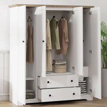 Load image into Gallery viewer, Freestanding 4 - Door Wardrobe Armoire with 2 Drawers and Hanging Rods for Clothes Storage