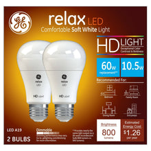 Load image into Gallery viewer, GE Relax HD Dimmable LED Light Bulb, Soft White - 2 pack
