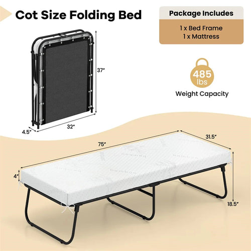 Cot Size Rollaway Guest Bed with Memory Foam Mattress, 75