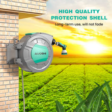Load image into Gallery viewer, AUOSHI Retractable Garden Hose Reel 1/2" 100ft Automatic Hose Reel with 10 Function Sprayer Nozzle Wall Mount 180 Deg Swivel Bracket Hose Reel