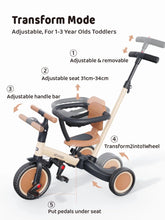 Load image into Gallery viewer, Newyoo TR008 5 - in - 1 Toddler Tricycle with Push Handle, Converts to Balance Bike for 1 - 3 Year Old, Khaki