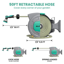 Load image into Gallery viewer, AUOSHI Retractable Garden Hose Reel 1/2" 100ft Automatic Hose Reel with 10 Function Sprayer Nozzle Wall Mount 180 Deg Swivel Bracket Hose Reel