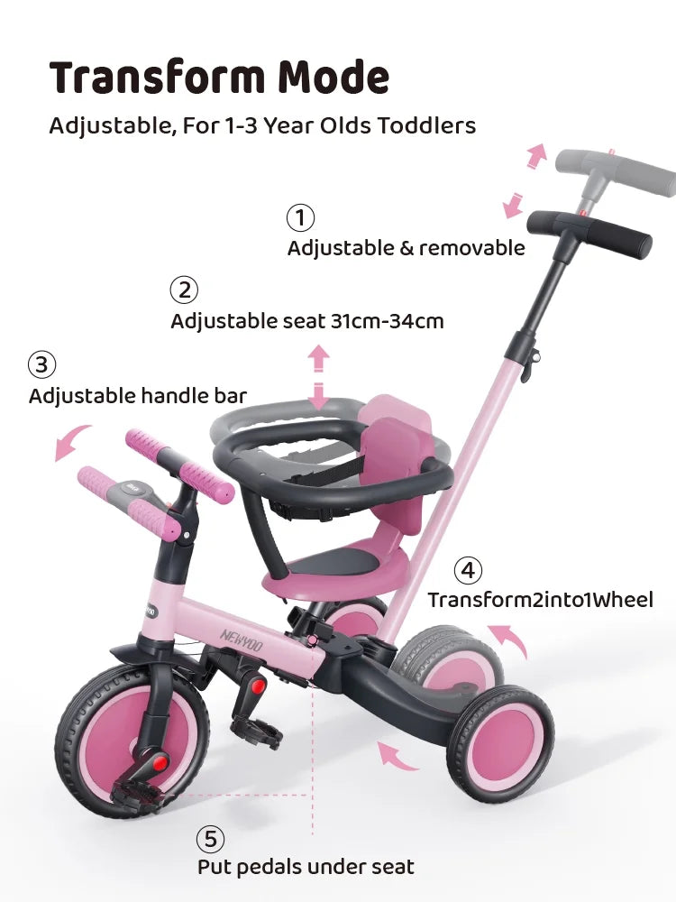 Newyoo TR008 5 - in - 1 Toddler Tricycle with Push Handle, Converts to Balance Bike for 1 - 3 Year Old, Khaki