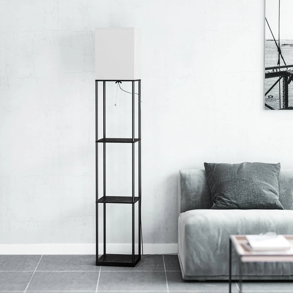 Modern Iron Shelf Floor Lamp with 3 Way Dimmable LED Bulb, Shelves and White Shade for Living Room and Bedroom(Black)