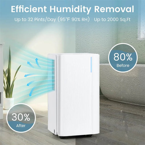 32 Pint Dehumidifier with 3.3FT Drain Hose, 24H Timer & 3 - Color Indicator, 2000 Sq.Ft Portable Dehumidifier for Basement, Bedroom, Bathroom