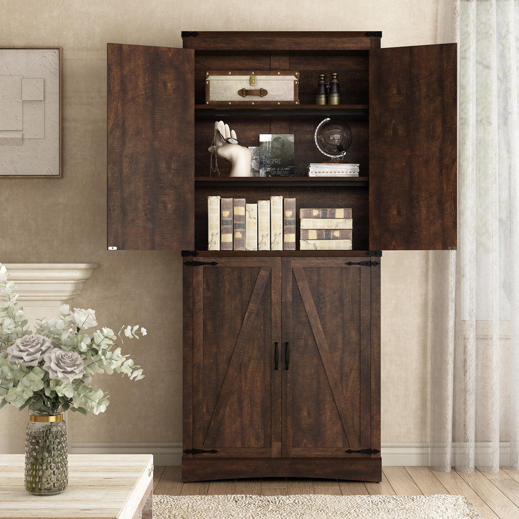 71" Tall Farmhouse Kitchen Pantry Cabinet, 5 Layers Storage Cabinet with Adjustable Shelves, Farmhouse Pantry Cabinet with 4 Barn Doors