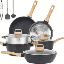 Load image into Gallery viewer, Non - Stick 12 POTS and Pans Set, Cookware Set, Including Frying Pan, Steamer, Silicone Spatula and Tongs - Granite Cooking Set (Black)