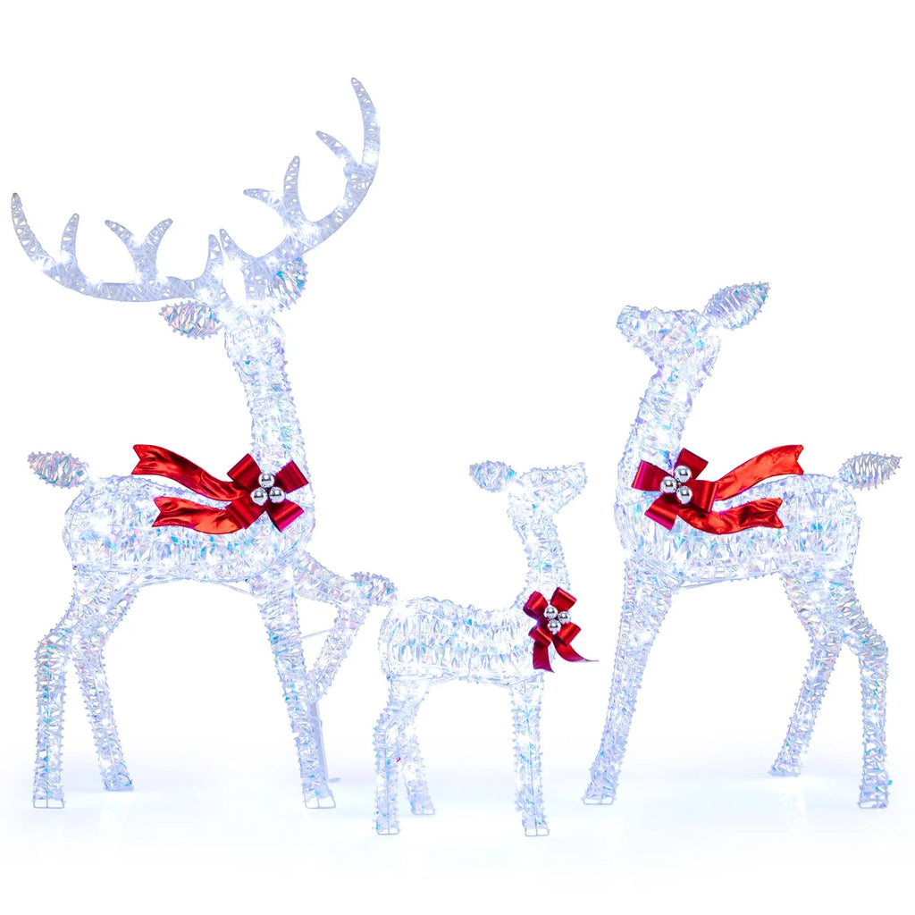Tangkula 3-Piece Christmas Lighted Iridescent Reindeer Family Set with 215 Cold White LED Lights and Ground Stakes