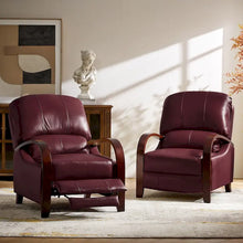 Load image into Gallery viewer, Set of 2 Alex Mid - Century Modern Genuine Leather Manual Recliners with Curved Wooden Arms