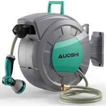 Load image into Gallery viewer, AUOSHI Retractable Garden Hose Reel 1/2" 100ft Automatic Hose Reel with 10 Function Sprayer Nozzle Wall Mount 180 Deg Swivel Bracket Hose Reel