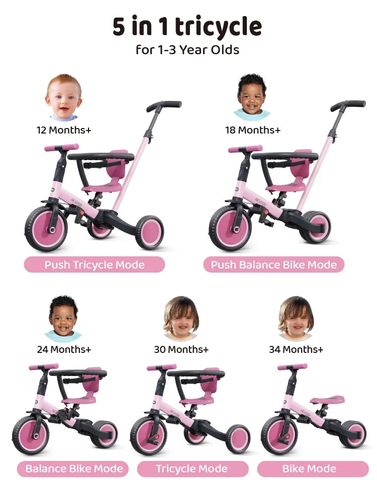 Newyoo TR008 5 - in - 1 Toddler Tricycle with Push Handle, Converts to Balance Bike for 1 - 3 Year Old, Khaki