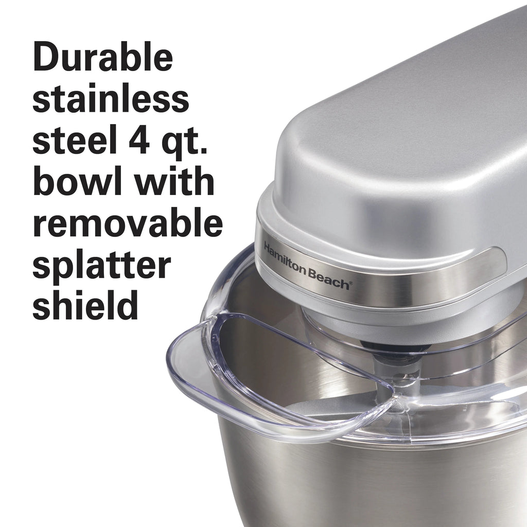 Hamilton Beach 4 Quart Stand Mixer for Kitchen, 7 Speeds, Tilt - Head, Dough Hook, Whisk & Flat Beater, White