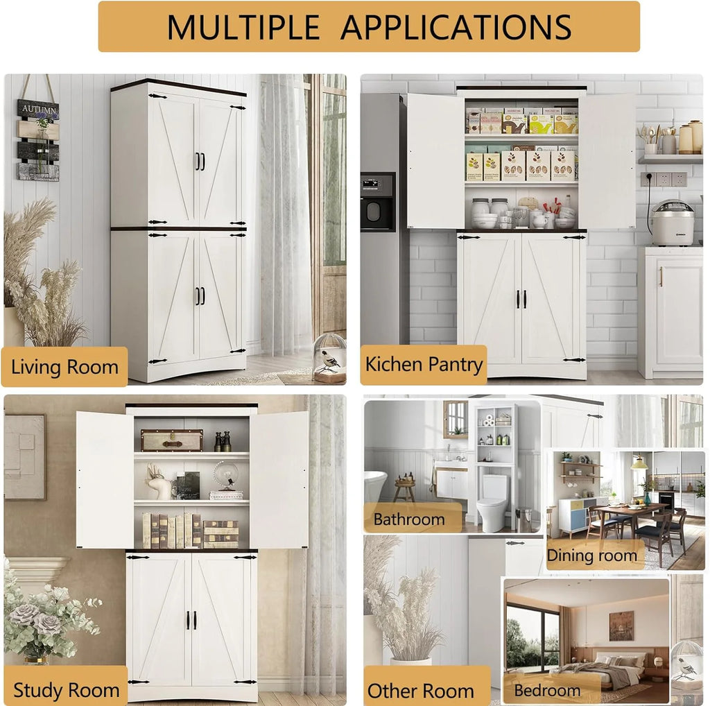 71" Tall Farmhouse Kitchen Pantry Cabinet, 5 Layers Storage Cabinet with Adjustable Shelves, Farmhouse Pantry Cabinet with 4 Barn Doors