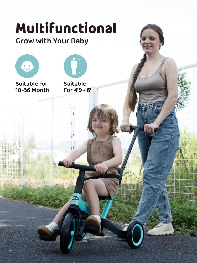 Newyoo TR008 5 - in - 1 Toddler Tricycle with Push Handle, Converts to Balance Bike for 1 - 3 Year Old, Khaki