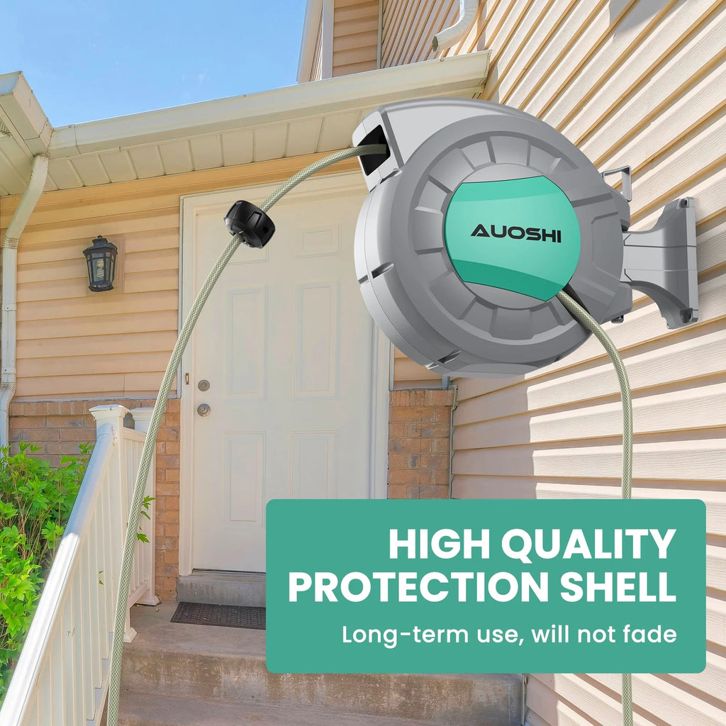 AUOSHI Retractable Garden Hose Reel 1/2" 100ft Automatic Hose Reel with 10 Function Sprayer Nozzle Wall Mount 180 Deg Swivel Bracket Hose Reel