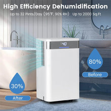 Load image into Gallery viewer, 32 Pints 2000 Sq.ft Basement Dehumidifier with Drain Hose, 24H Timer &amp; 3 - Color Indicator, Quiet Portable Dehumidifier for Home, Bedroom, Bathroom