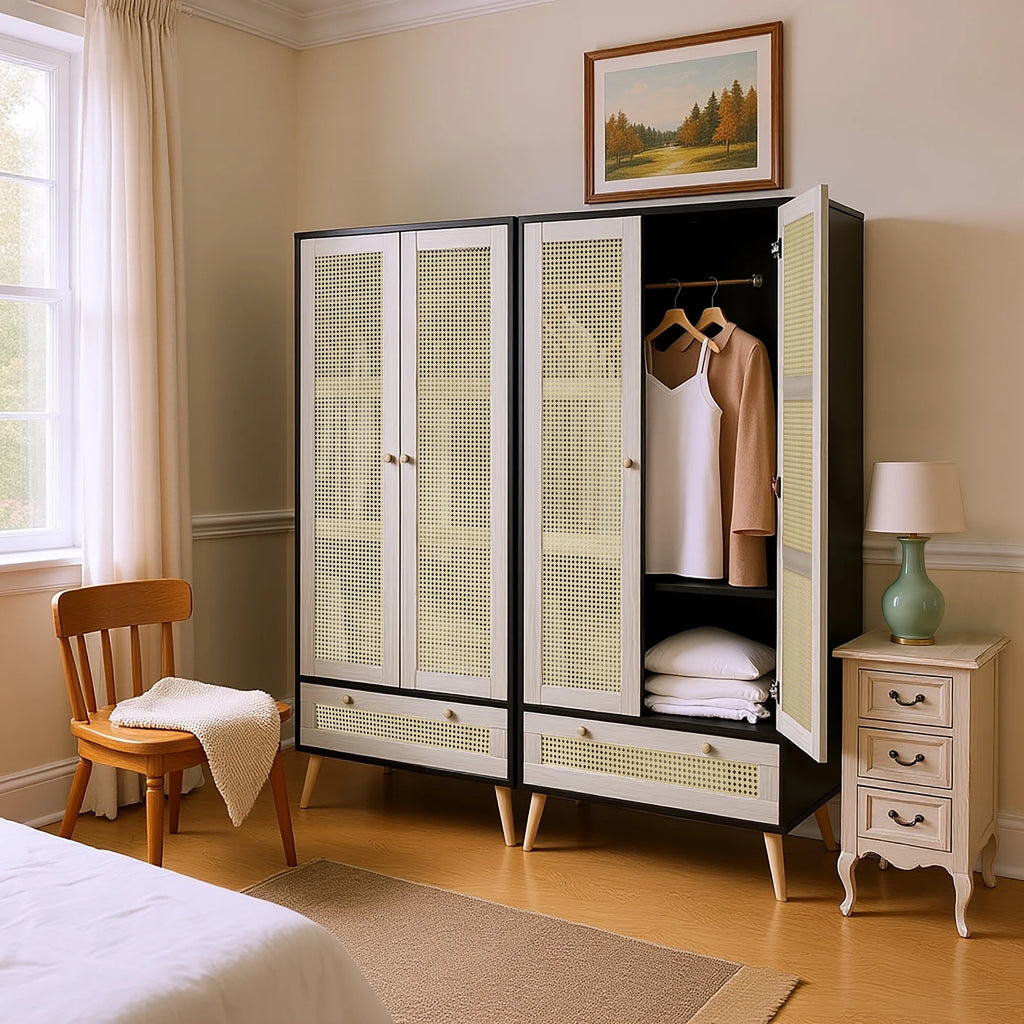GOMYHOME Accent Cabinet with Rattan Doors & Drawer, Modern Storage Armoire for Living Room, Bedroom, Natural Wood Finish