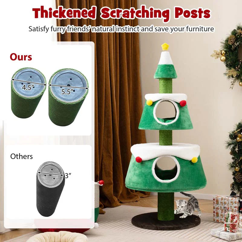 60" Christmas Cat Tree for Indoor Cats, Modern Holiday Cute Cat Tree Tower with 2 Condos, Sisal Scratching Posts, Spring Toy & Removable Beds